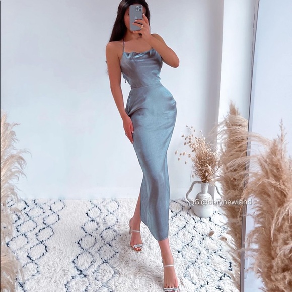 ZARA Silver Metallic Back Laced Slip Dress - Picture 3 of 15